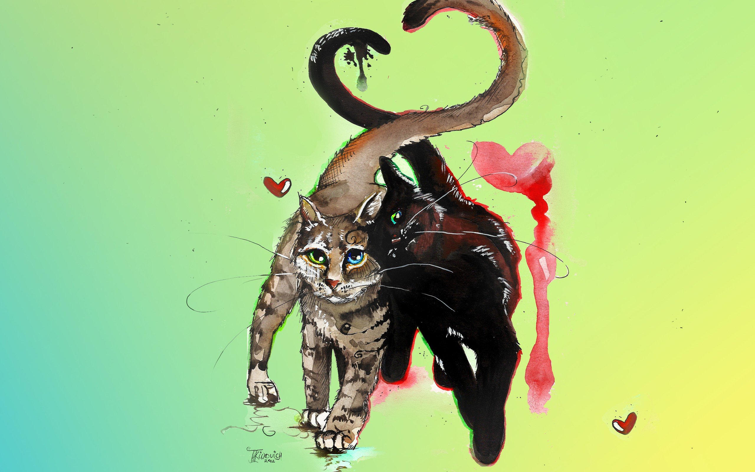 paintings, Love, Cats, Animals, Hearts, Water, Colors Wallpaper