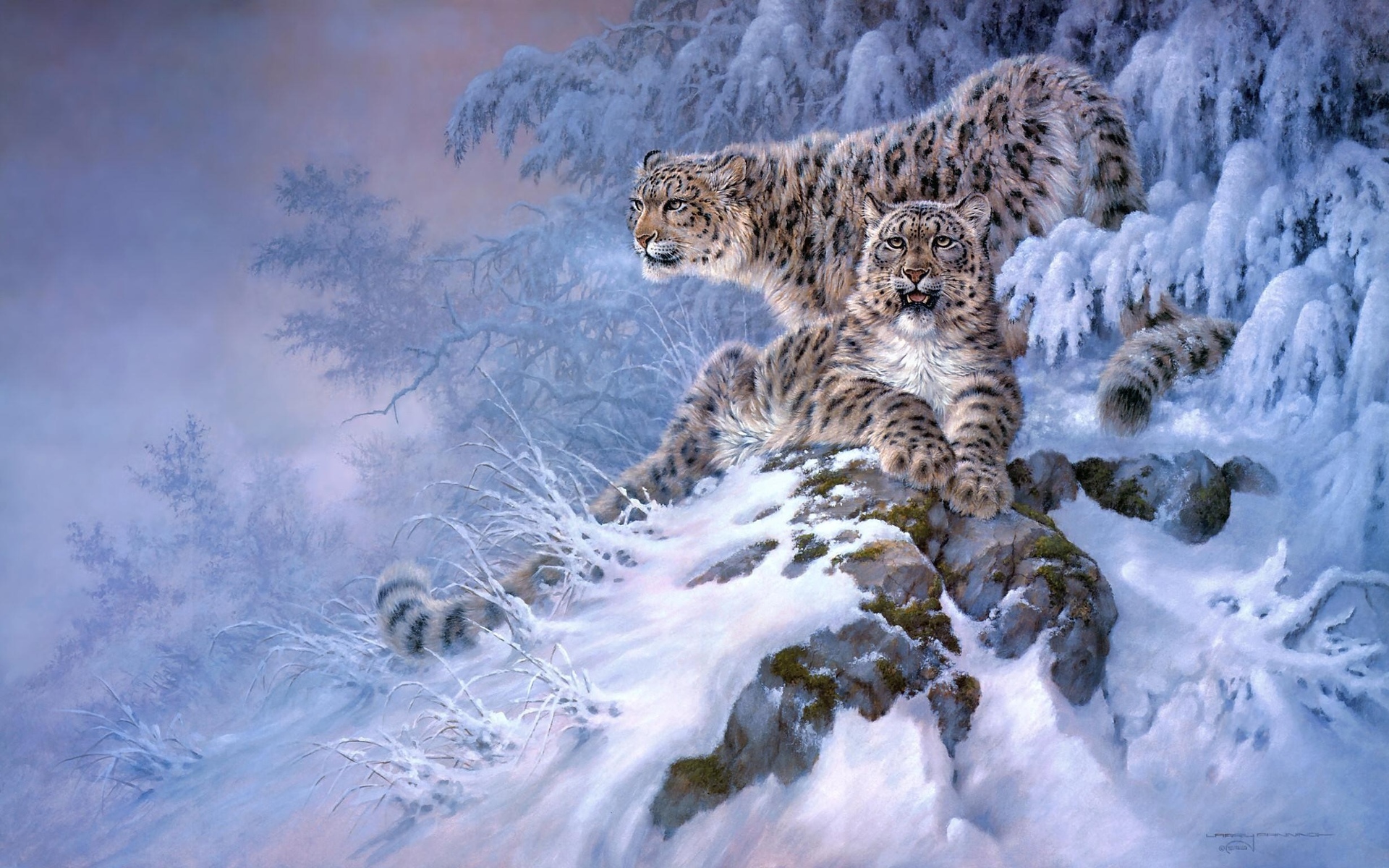 snow, Leopards, Animals, Cats, Predator, Art, Paintings, Winter, Snow, Seasons, Mountains, Hill Wallpaper