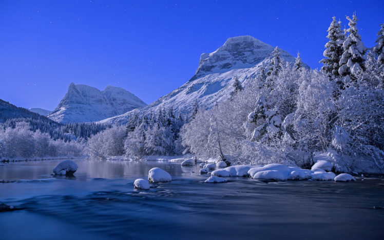 nature, Landscapes, Rivers, Water, Mountains, Snow, Winter, Cold, Peaks, Sky HD Wallpaper Desktop Background