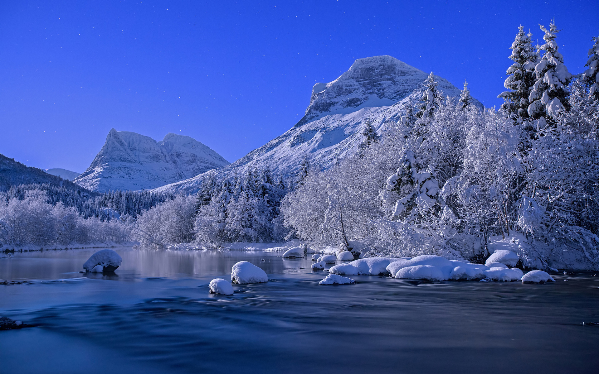 nature, Landscapes, Rivers, Water, Mountains, Snow, Winter, Cold, Peaks, Sky Wallpaper