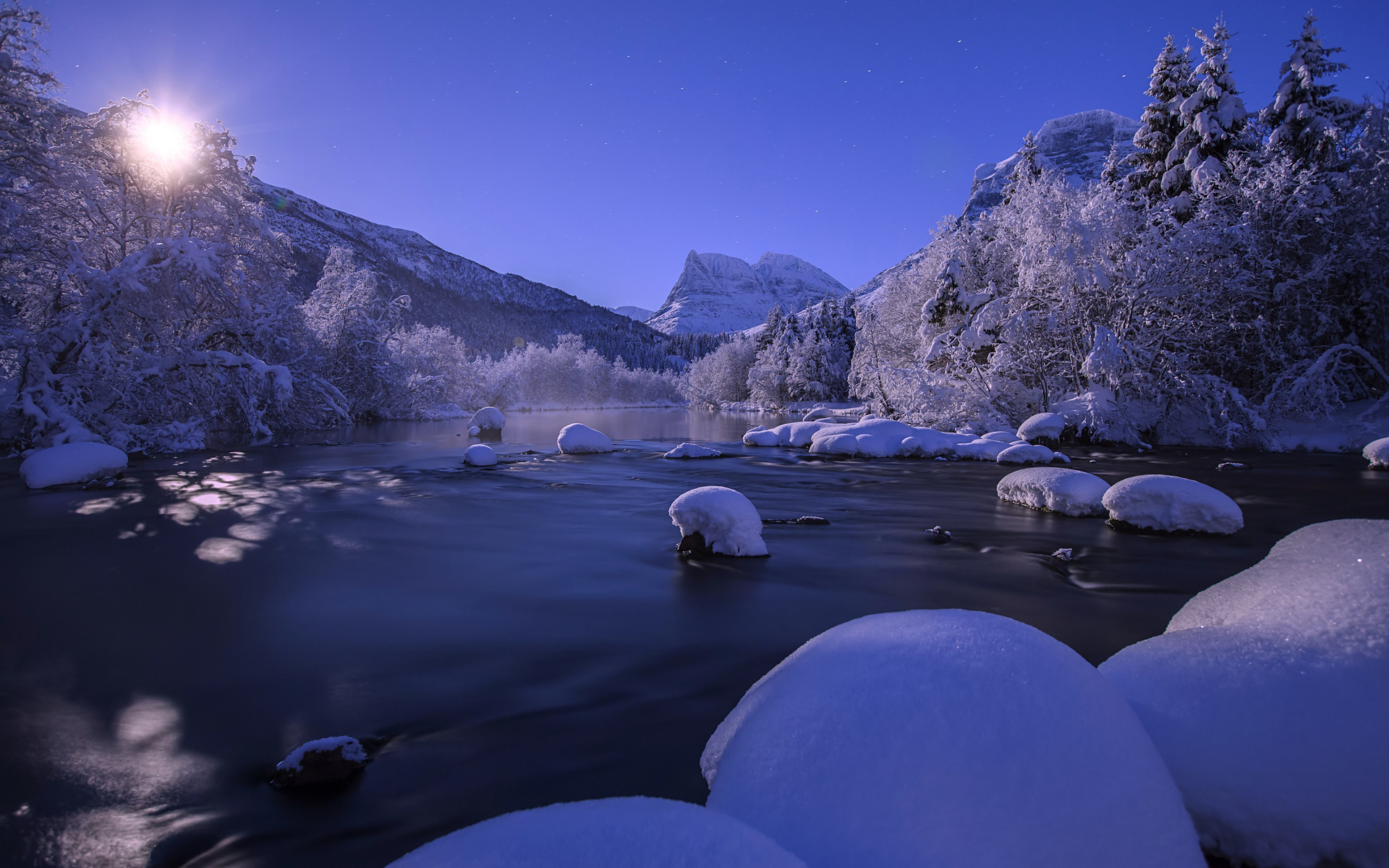 nature, Landscapes, River, Streams, Mountains, Night, Moonlight, Moon, Sky, Winter, Snow, Seasons, Trees, Forest Wallpaper
