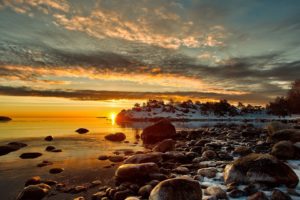 water, Sunset, Clouds, Winter, Snow, Stones
