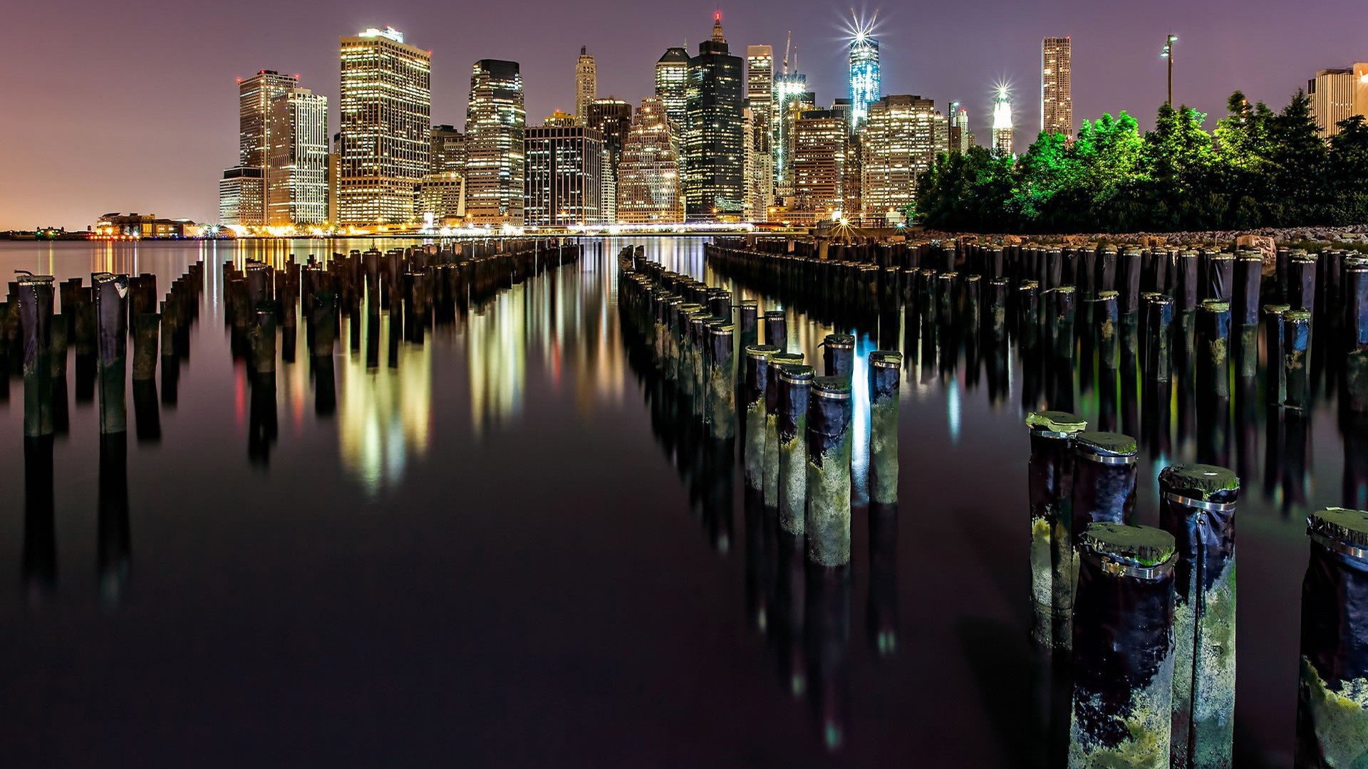 water, Landscapes, Dock, Skyscrapers, City, Lights, Reflections, Cities, Sea, Skyline Wallpaper