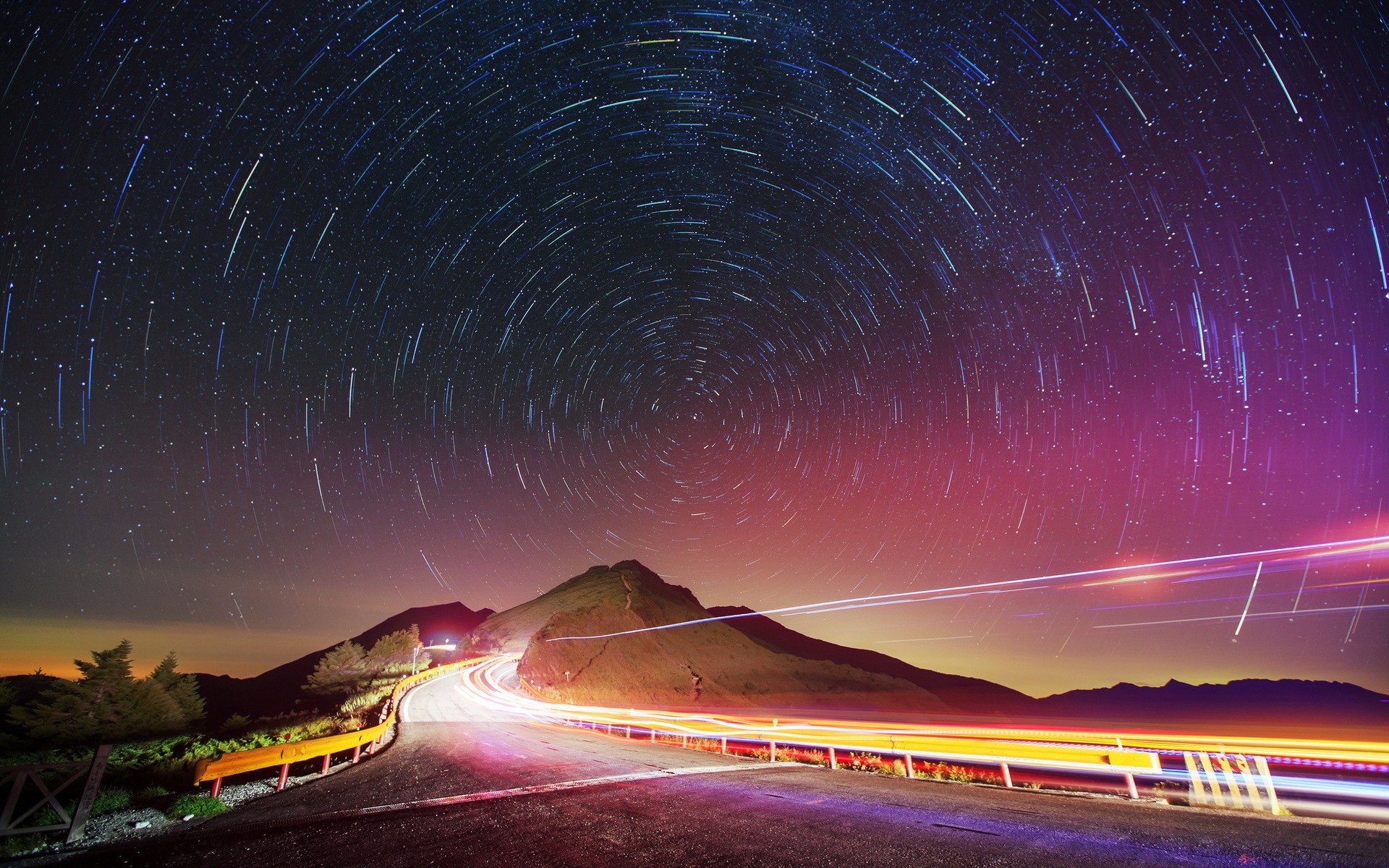 world, Roads, Vehicles, Cars, Traffic, Lights, Time, Lapse, Lapse, Rialing, Fence, Nature, Landscapes, Sky, Stars, Mountains, Photography, Sci, Fi, Science, Fiction Wallpaper