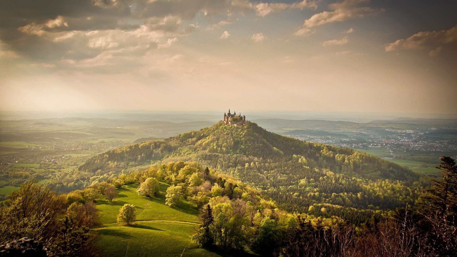 hohenzollern, World, Architecture, Buildings, Castles, Nature, Landscapes, Trees, Forest, Hills, Sky, Clouds, Scenic Wallpaper