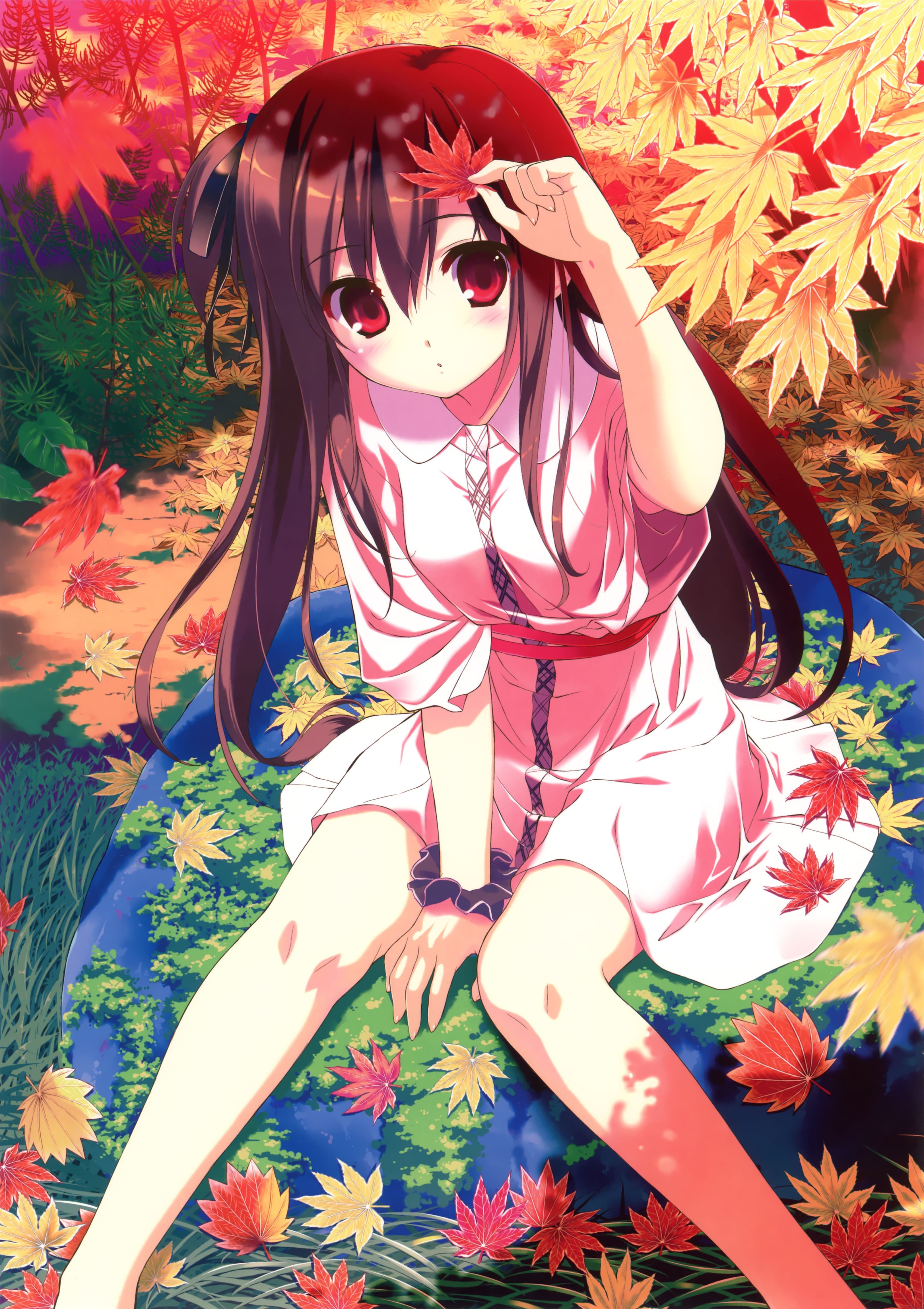 leaves, Long, Hair, Red, Eyes, Yukata, Anime, Girls, Autumn, Leaves, Fumio Wallpaper