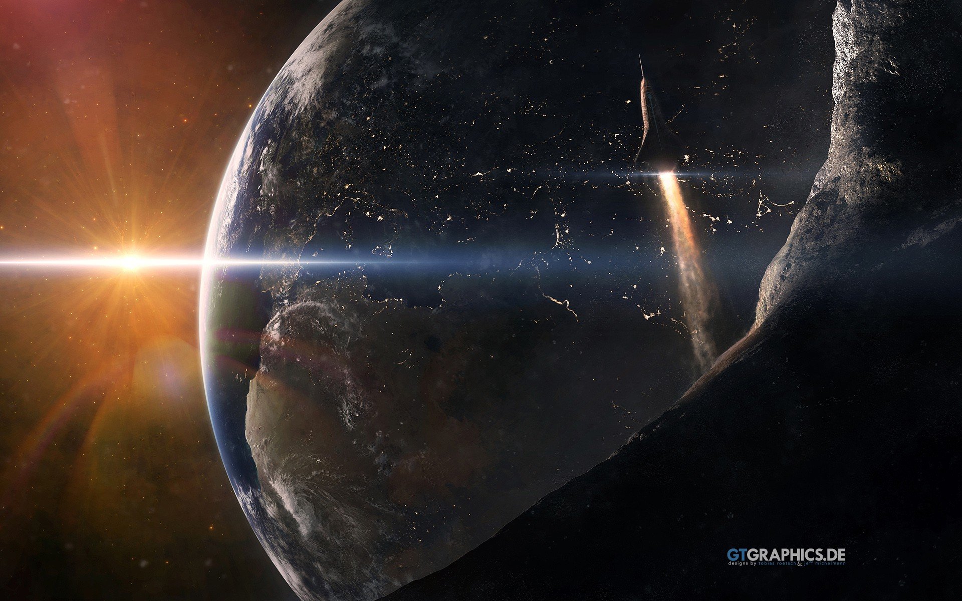 sun, Outer, Space, Planets, Earth, Spaceships, Sci fi Wallpaper