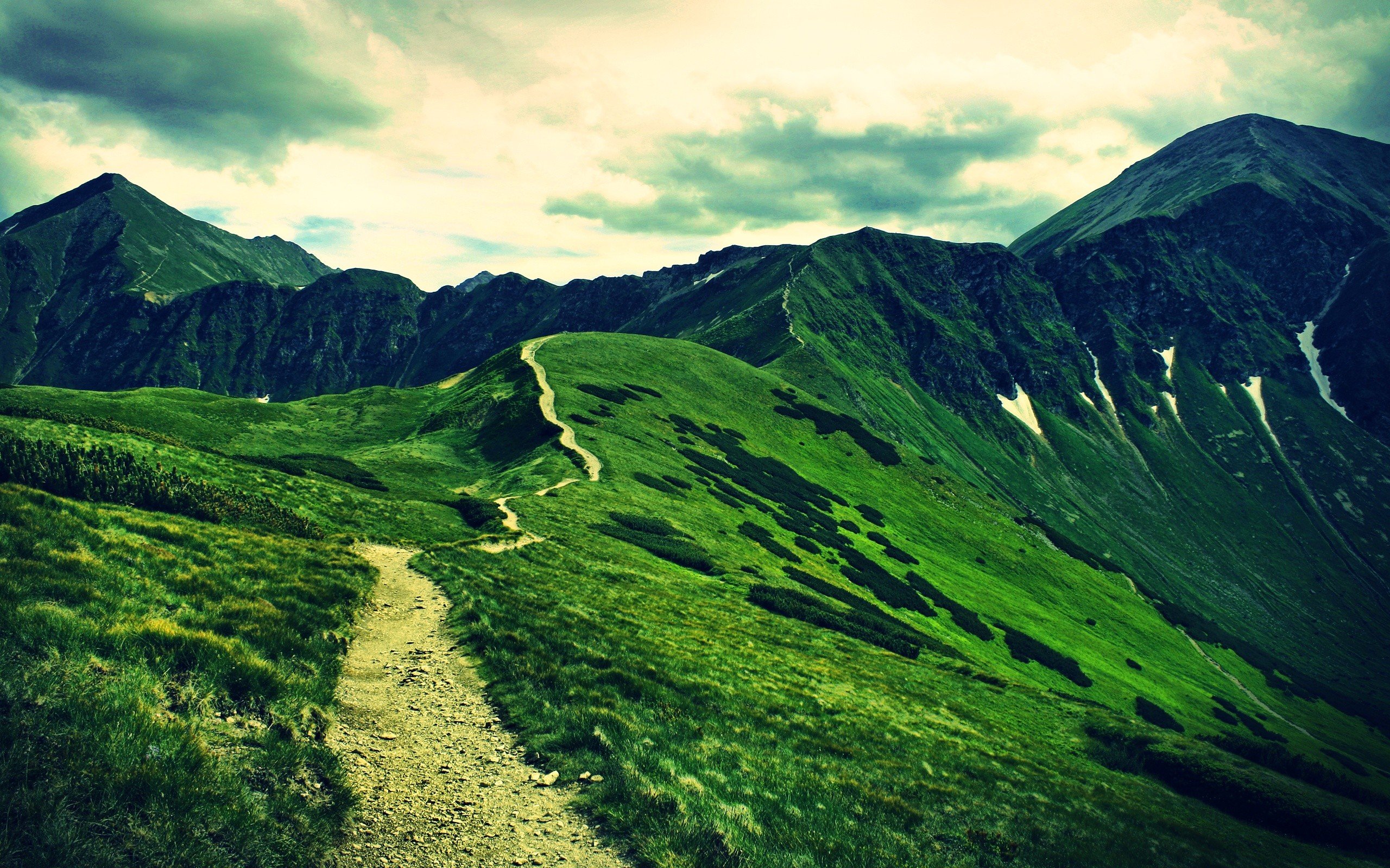 green, Mountains, Clouds, Landscapes, Nature, Paths Wallpaper
