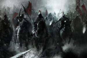 mongols, Fantasy, Knight, Warrior, Soldiers, Animals, Horses, Asian, Oriental, Battle, War, Weapons, Katana, Sword, Standard, Dark, Art