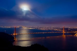 golden, Gate, San, Francisco, World, Architecture, Bridges, Cities, Skyline, Cityscape, Night, Lights, Bay, Water, Vehicles, Traffic, Sky, Clouds, Moon
