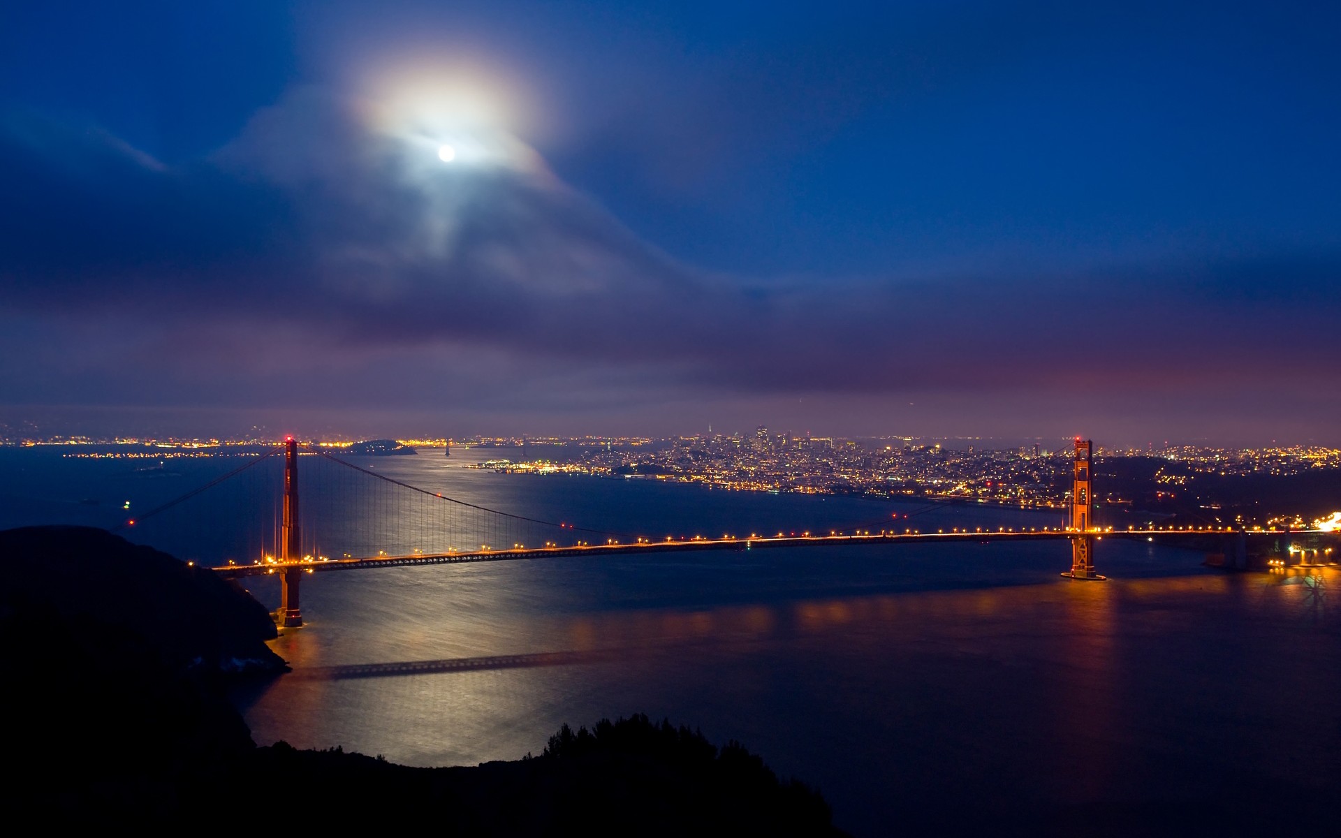 golden, Gate, San, Francisco, World, Architecture, Bridges, Cities, Skyline, Cityscape, Night, Lights, Bay, Water, Vehicles, Traffic, Sky, Clouds, Moon Wallpaper