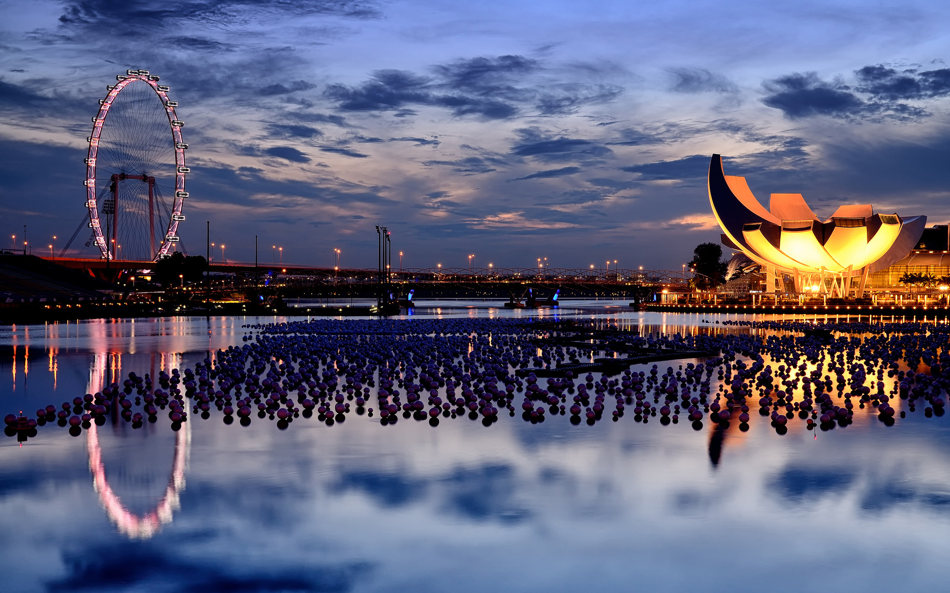 singapore, Amusement, Park, Hdr, Night, Lights, Architecture, Buildings, Water, Marina, Reflection, Sky, Clouds Wallpaper