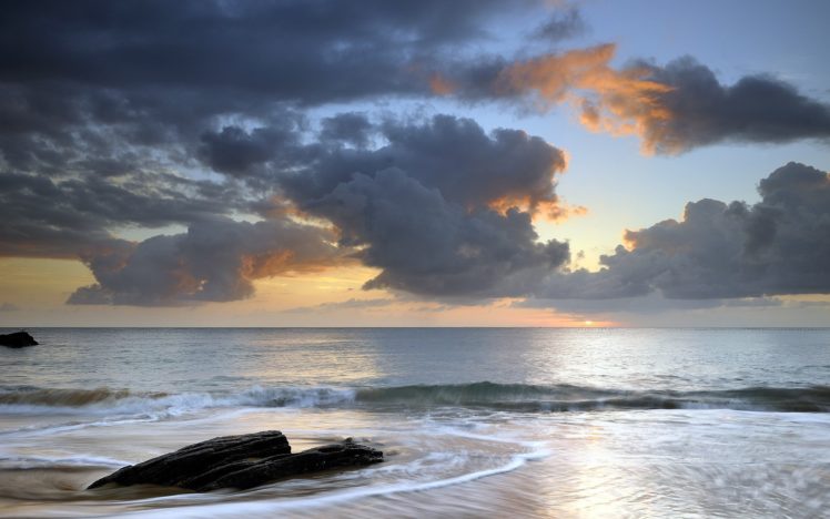 nature, Seascape, Ocean, Sea, Waves, Beaches, Sky, Clouds, Sunset, Sunrise, Sunlight HD Wallpaper Desktop Background