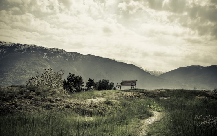 nature, Landscapes, Mountains, Mood, Bench, Sky, Clouds, Trees, Plants, Path, Trail HD Wallpaper Desktop Background
