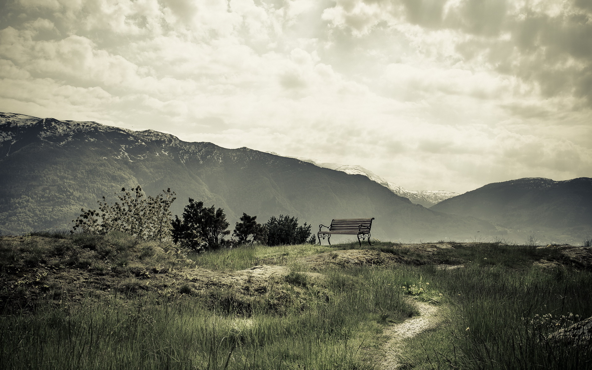 nature, Landscapes, Mountains, Mood, Bench, Sky, Clouds, Trees, Plants, Path, Trail Wallpaper