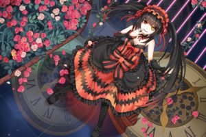 date, A, Live, Bicolored, Eyes, Black, Hair, Boots, Bow, Chain, Choker, Date, A, Live, Dress, Flowers, Greetload, Long, Hair, Petals, Red, Eyes, Tokisaki, Kurumi, Twintails, Yellow, Eyes