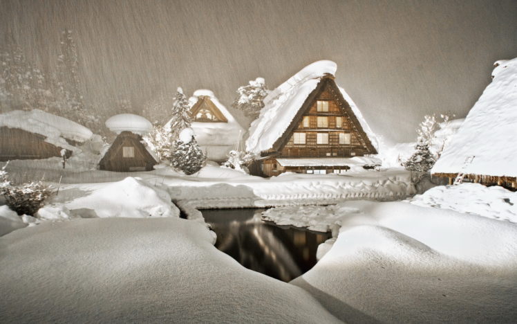 world, Architecture, Houses, Buildings, Cabins, Streams, Water, Reflection, Nature, Landscapes, Winter, Snow, Snowing, Flakes, Drops, Storm, Blizzard HD Wallpaper Desktop Background