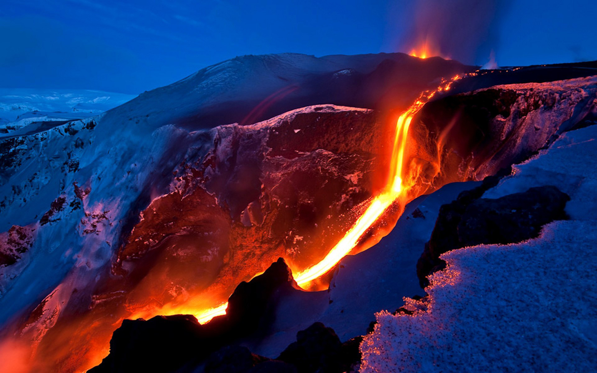 nature, Landscapes, Fire, Flames, Explosion, Lava, Volcano, Snow, Sky, Color, Disaster, Bright Wallpaper