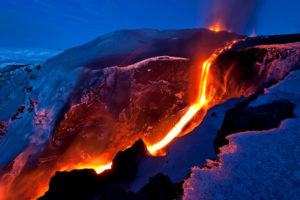 nature, Landscapes, Fire, Flames, Explosion, Lava, Volcano, Snow, Sky, Color, Disaster, Bright