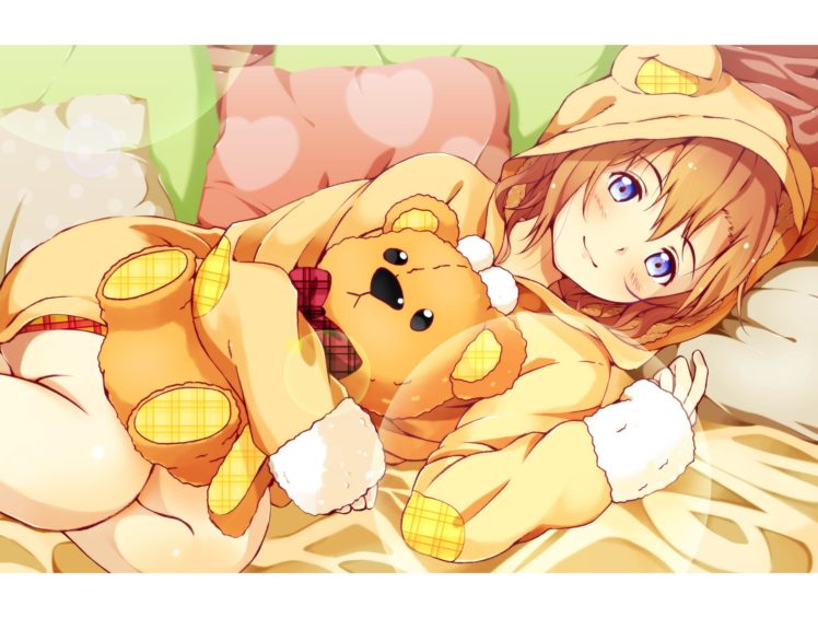 love, Live , School, Idol, Project, Animal, Ears, Bed, Blue, Eyes, Kousaka, Honoka, Love, Live , School, Idol, Project, Nanda, Rone, Orange, Hair, Short, Hair, Teddy, Bear HD Wallpaper Desktop Background