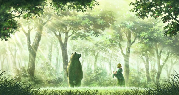 original, Animal, Bear, Dress, Forest, Grass, Original, Scenic, Shirakaba, Toshiharu, Tree HD Wallpaper Desktop Background