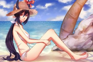 original, Animal, Ears, Barefoot, Beach, Bikini, Blue, Hair, Bow, Breasts, Cleavage, Hat, Horns, Long, Hair, Original, Red, Eyes, Swimsuit, Tattoo, Water, Whither, Laws