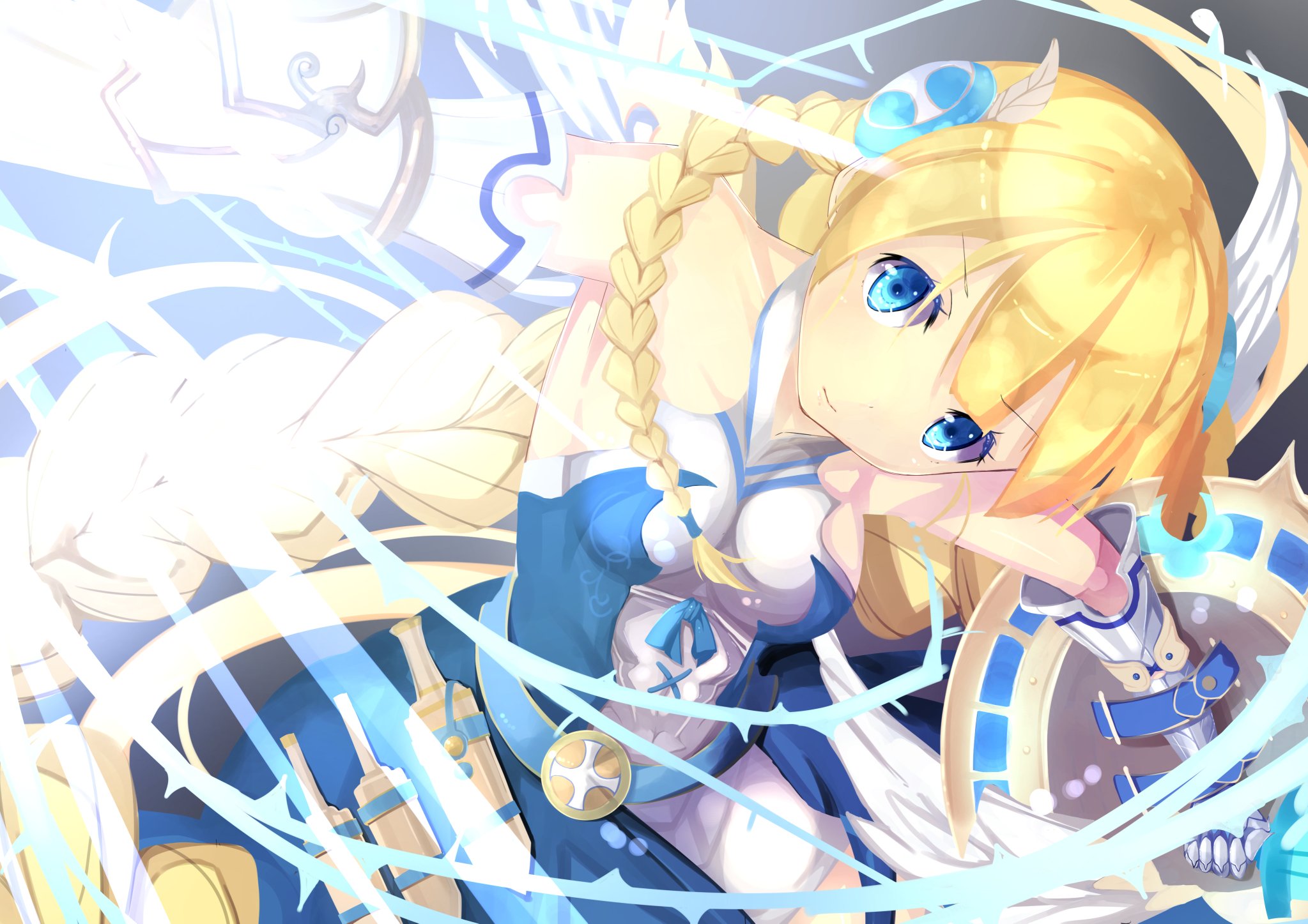 puzzle, And, Dragons, Blonde, Hair, Blue, Eyes, Braids, Long, Hair, Puzzle, And, Dragons, Shizuka,  deatennsi , Valkyrie,  pandd , Weapon Wallpaper