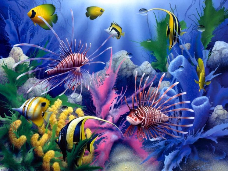 lions, Of, The, Sea, David, Miller, Painting, Art, Animals, Fishes, Tropical, Sealife, Life, Color, Underwater, Coral, Reef, Ocean, Sea, Sunlight HD Wallpaper Desktop Background