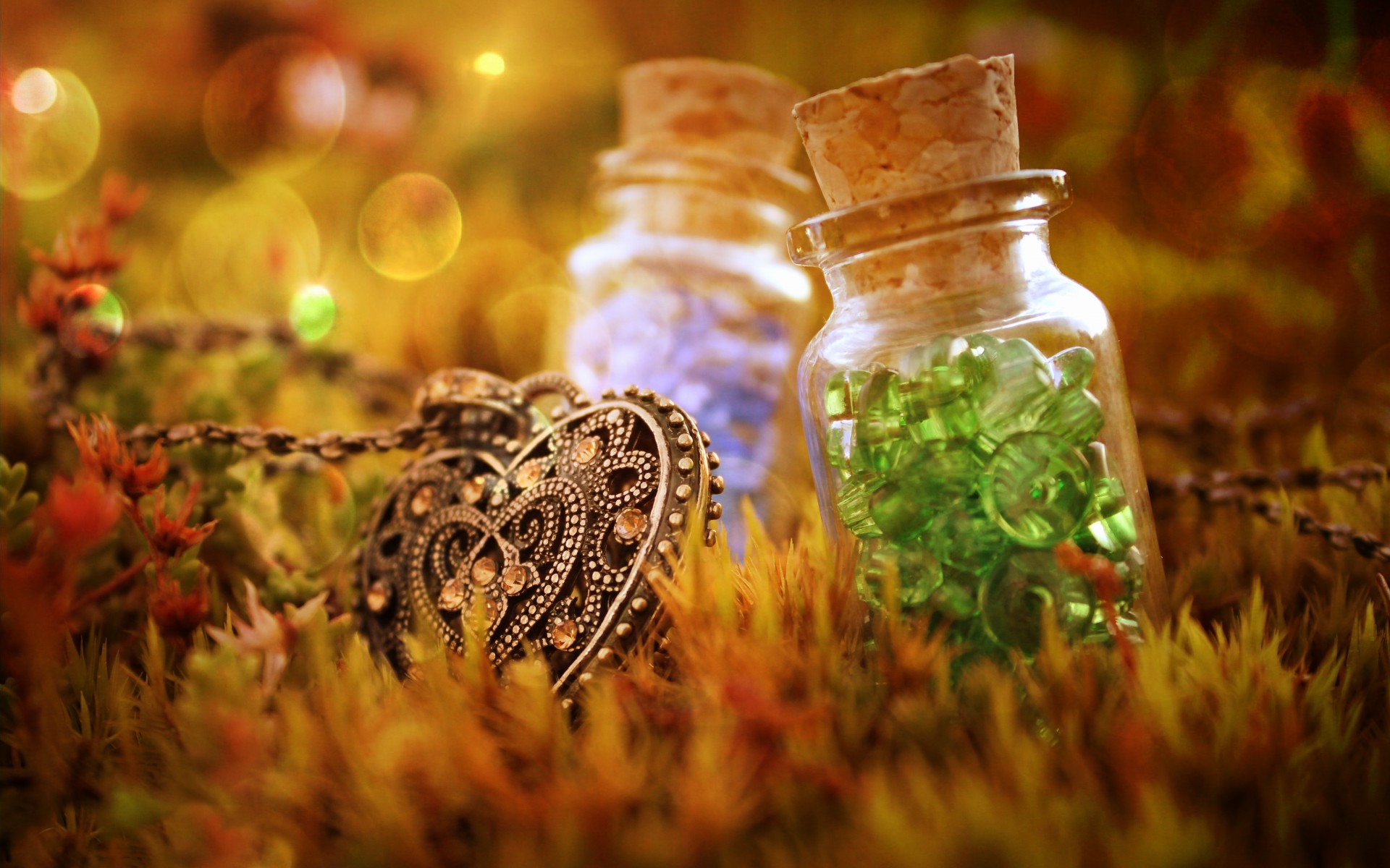 bokeh, Photography, Mood, Emotion, Fantasy, Heart, Necklace, Jewelry, Moss,  Color, Crystals, Cork, Bottle, Jar, Glass, Reflection Wallpapers HD /  Desktop and Mobile Backgrounds