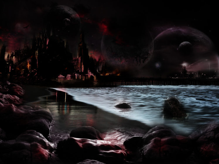 starrayne, Dark, Fantasy, Evil, Spooky, Horror, Creepy, Ocean, Sea, Beaches, Cities, Castle, Architecture, Art HD Wallpaper Desktop Background