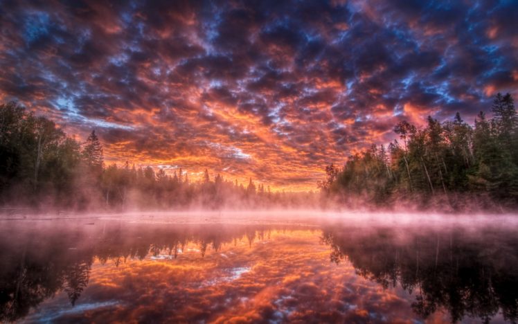 nature, Landscapes, Lakes, Water, Reflection, Fog, Trees, Forest, Sky, Clouds, Sunset, Sunrise, Color, Hdr HD Wallpaper Desktop Background