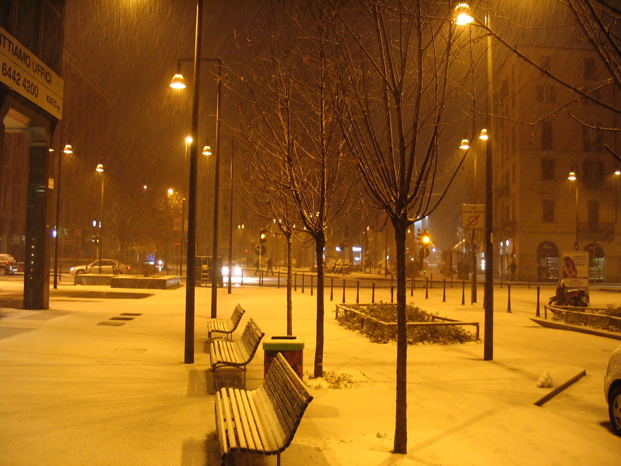 italy, World, Place, Architecture, Downtown, Lights, Night, Buildings, Winter, Snow, Storm, Blizzard, Snowing, Drops, Flakes, Bench, Park, Sidewalk, Urban, Seasons Wallpaper