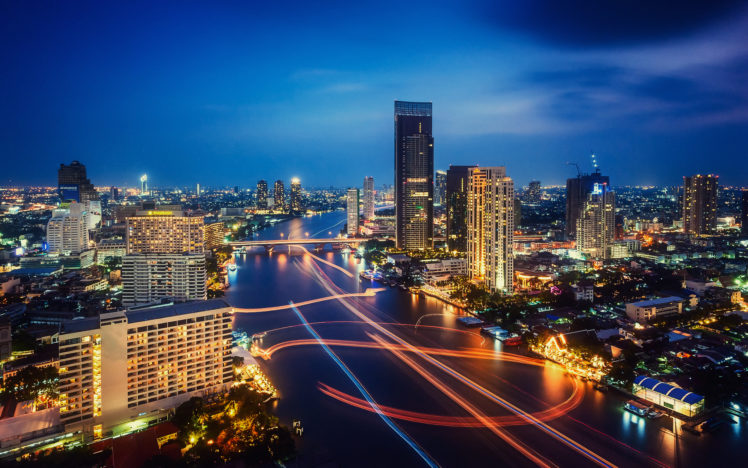 chao, Phraya, River, Bangkok, Thailand, World, Architecture, Cities, Buildings, Skyscrapers, Timelapse, Vehicles, Boats, Night, Lights, Color, Sky, Clouds, Hdr HD Wallpaper Desktop Background