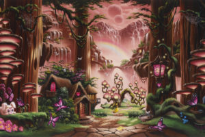 fantasy, Fairy, Tale, Art, Magic, Cartoon, Trees, Forest, Cute, Kids, Children, Scenic, Waterfall, Nature, Mountains, Soft, Mood, Architecture, Buildings, Houses, Cabin, Path, Trail, Animals, Cute, Sky, Moon