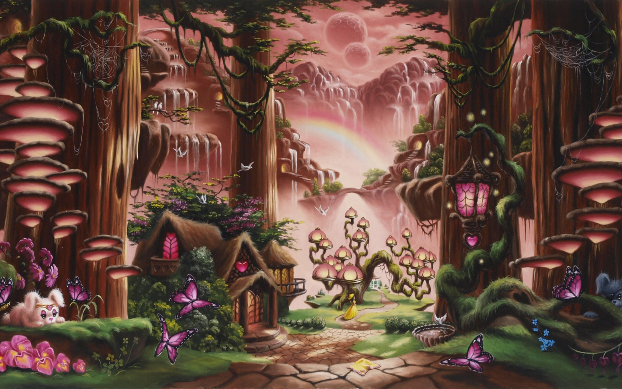 fantasy, Fairy, Tale, Art, Magic, Cartoon, Trees, Forest, Cute, Kids, Children, Scenic, Waterfall, Nature, Mountains, Soft, Mood, Architecture, Buildings, Houses, Cabin, Path, Trail, Animals, Cute, Sky, Moon Wallpaper