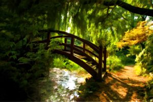 world, Art, Paintings, Watercolor, Nature, Architecture, Bridges, Garden, Rivers, Stream, Trees, Forest, Spring, Sunlight, Color, Shade, Season