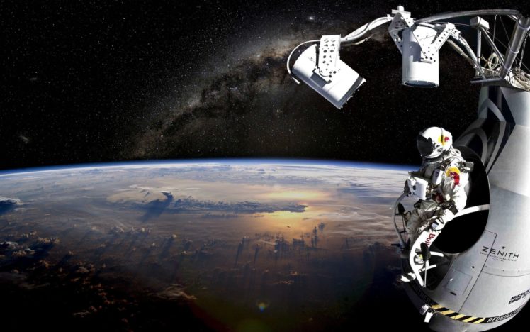 red, Bull, Stratos, Felix, Baumgartner, 127, 000, Feet, Extreme, Red, Bull, Skydiving, Sports, Men, Males, Uniform, Suit, Vehicles, Astronaut, Sci, Fi, Science, Space, Stars, Planets, Earth, Atmosphere, Sunlight, HD Wallpaper Desktop Background