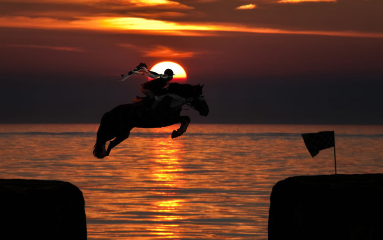 horses, People, Sunset, Sunrise, Ocean, Sea HD Wallpaper Desktop Background