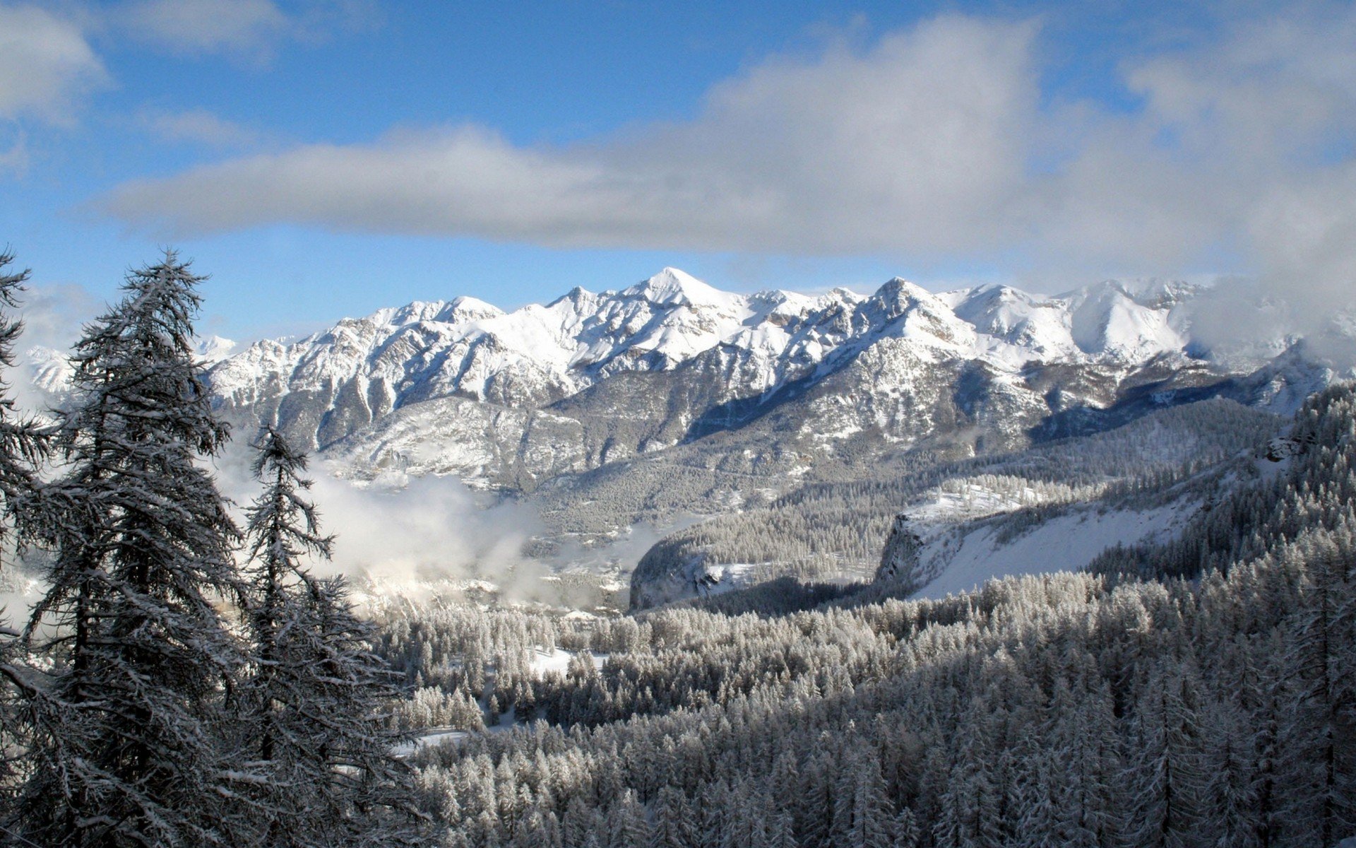 mountains, Clouds, Landscapes, Nature, Winter, Snow, Trees, Forests, Skyscapes Wallpaper