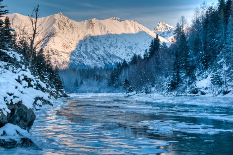 alaska, River, Winter, Mountain, Forest, Landscape HD Wallpaper Desktop Background