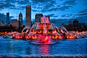 buckingham, Fountain, Illuminated, At, Dusk, Chicago