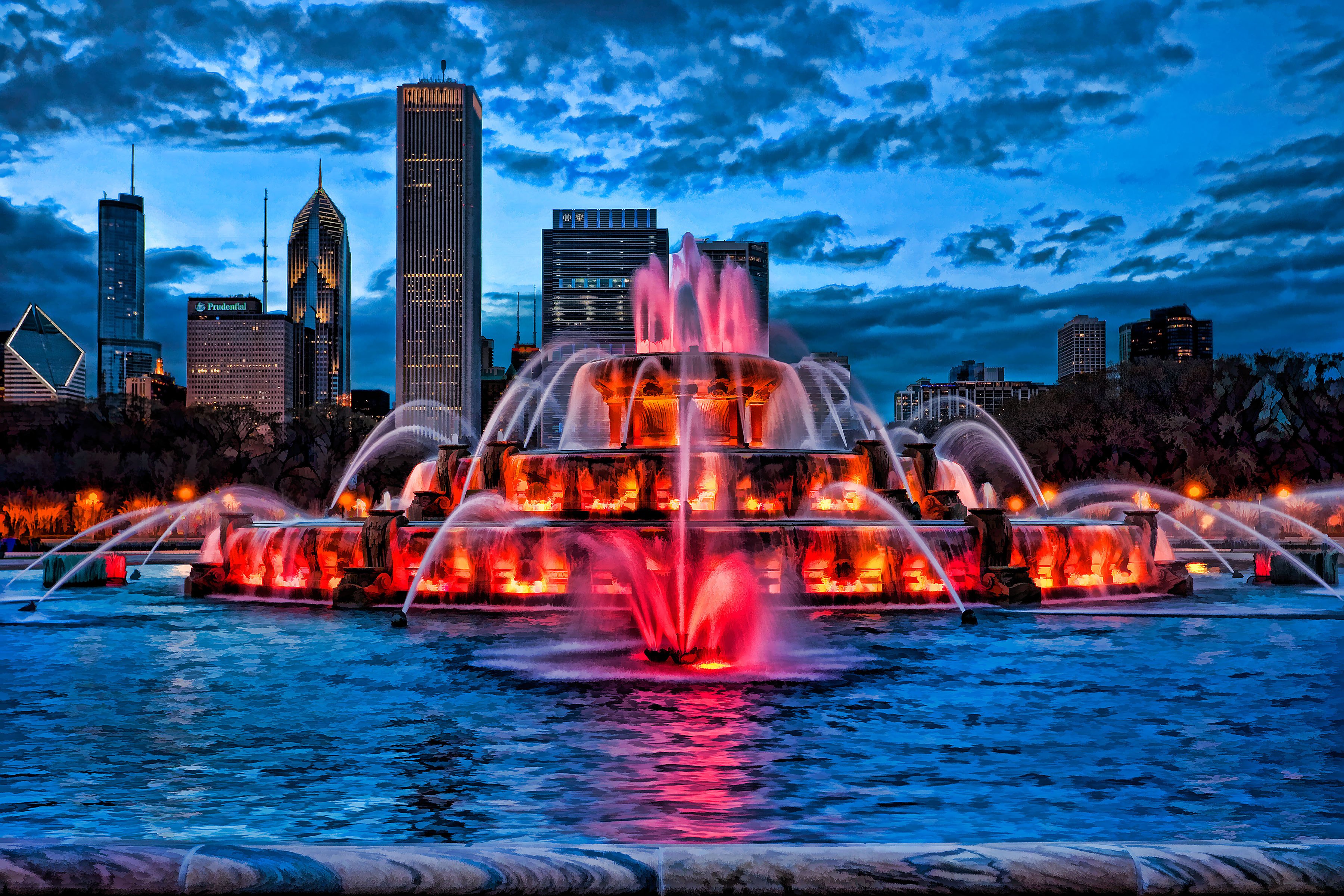 buckingham, Fountain, Illuminated, At, Dusk, Chicago Wallpaper