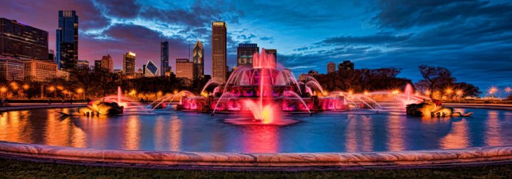 buckingham, Fountain, Illuminated, At, Dusk, Chicago HD Wallpaper Desktop Background