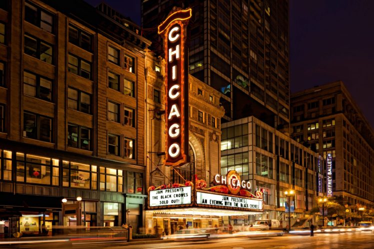 chicago, Usa, Theater, Illuminated, City, Night HD Wallpaper Desktop Background