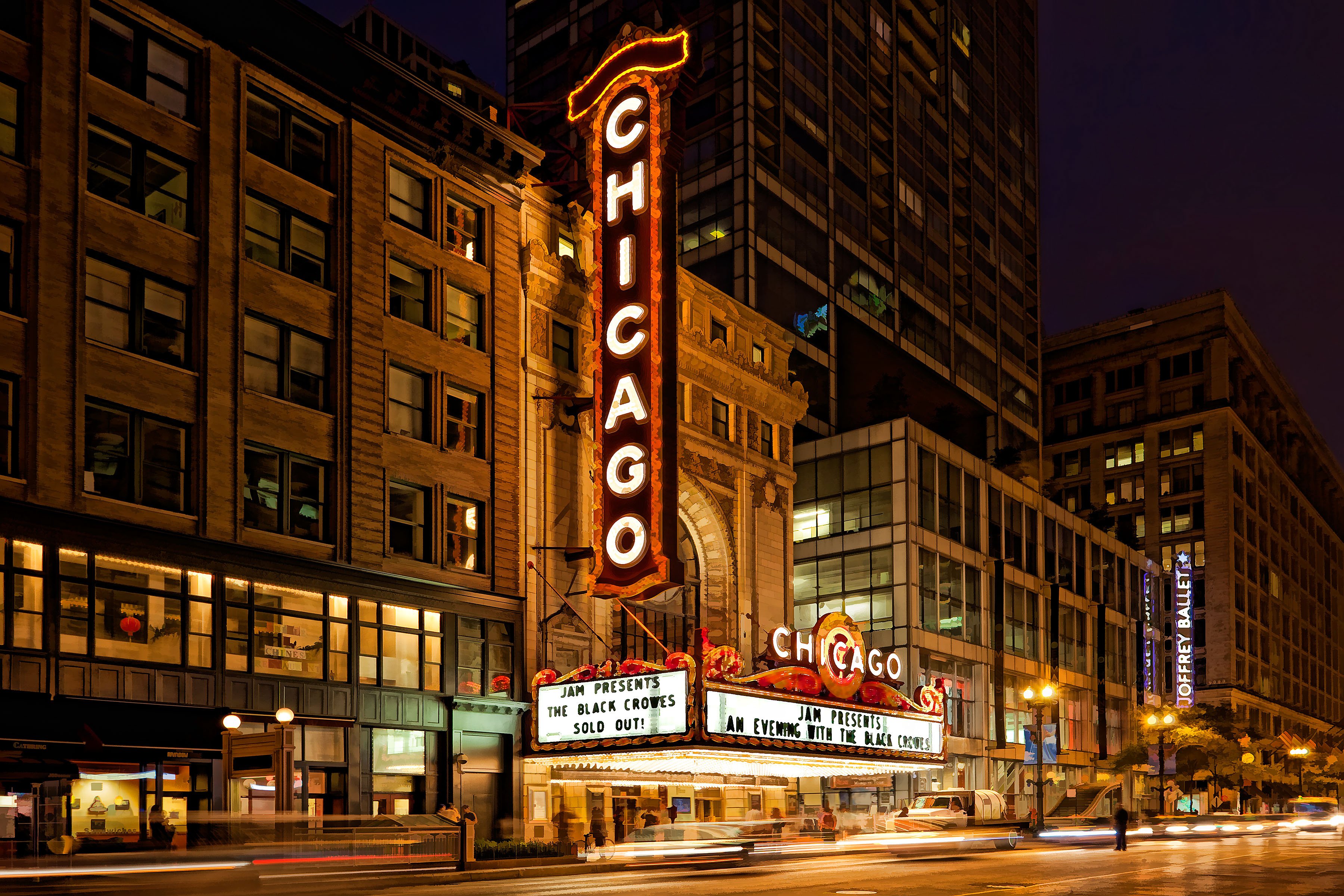chicago, Usa, Theater, Illuminated, City, Night Wallpaper