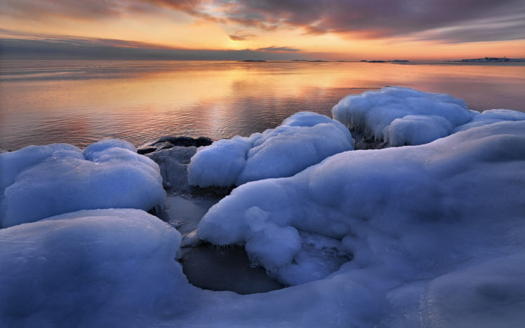 winter, Ice, Shore, Beaches, Coast, Ocean, Sea, Sunrise, Sunset, Sky, Clouds HD Wallpaper Desktop Background