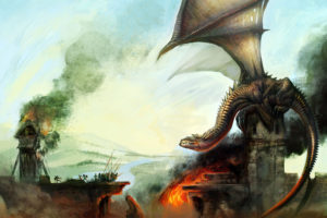 fantasy, Dragon, Castle, Fire