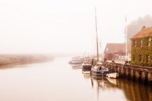 morning, Houses, Boat, Fog, Pier, River, Reflection