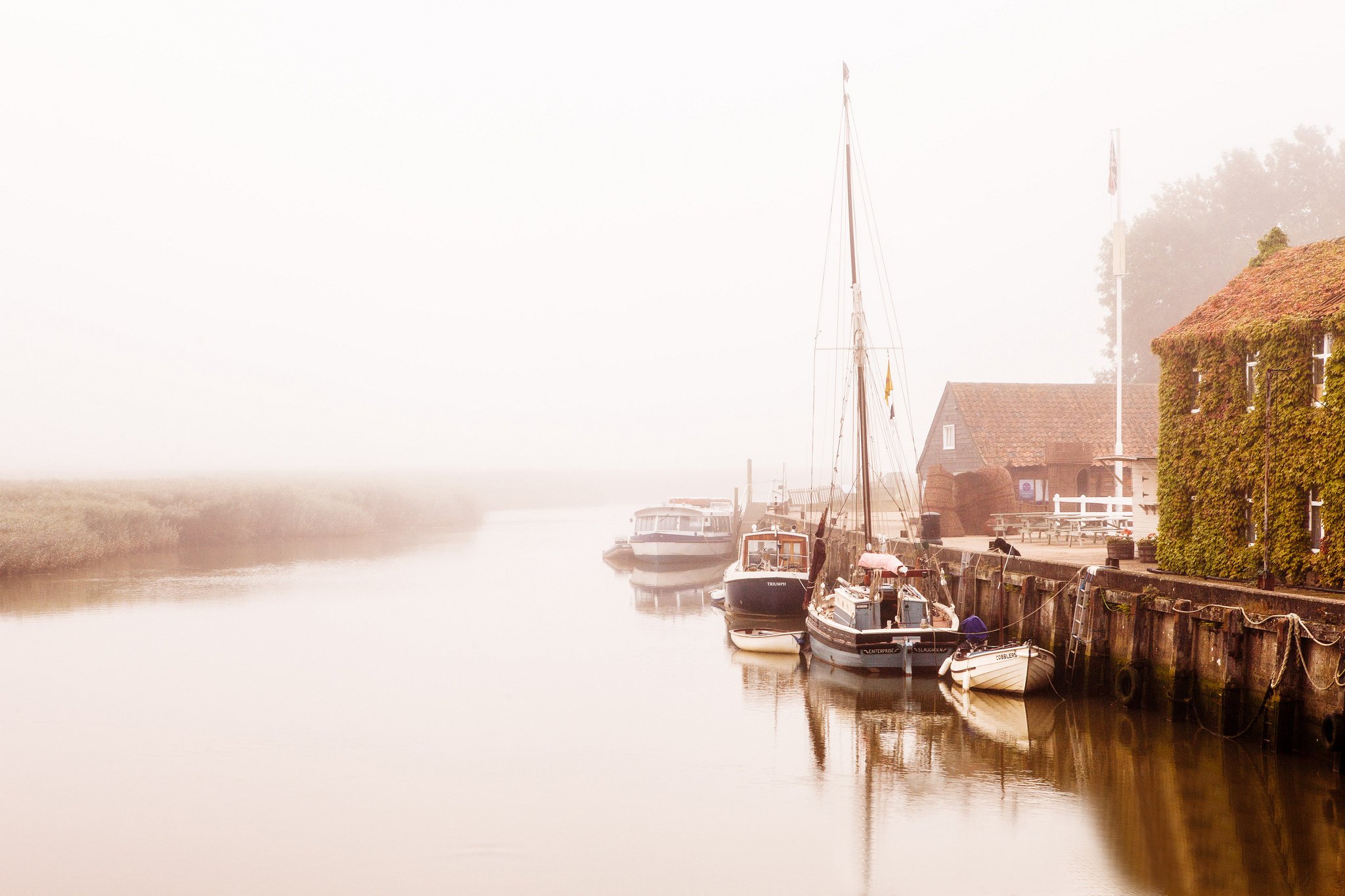 morning, Houses, Boat, Fog, Pier, River, Reflection Wallpaper