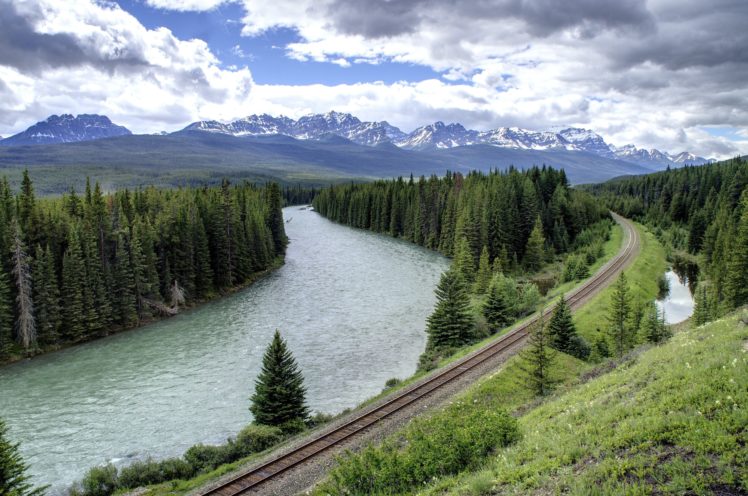 mountain, River, Railway, Forest, Trees, Landscape HD Wallpaper Desktop Background